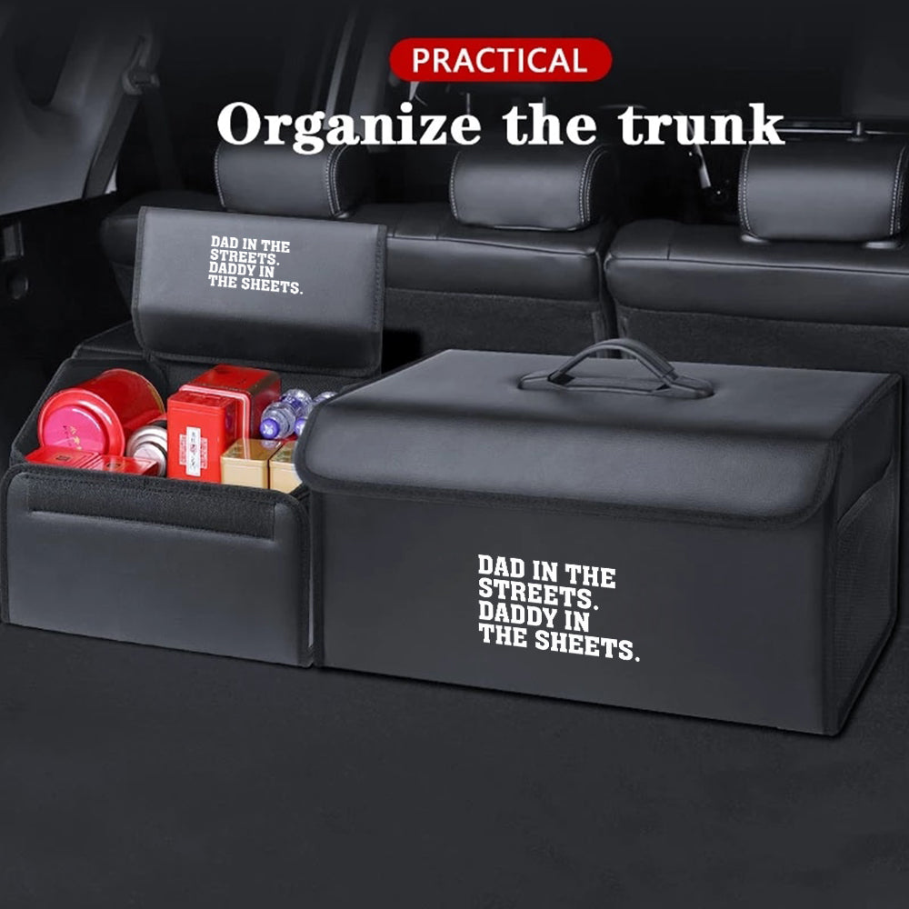 Dad In The Streets. Daddy In The Sheets Foldable Trunk Storage Luggage Organizer Box, Custom-Fit For Car, SUV Trunk Organizer Van Cargo Carrier Caddy for Shopping, Camping Picnic, Home Garage, Gift for Daddy 21 - Delicate Leather