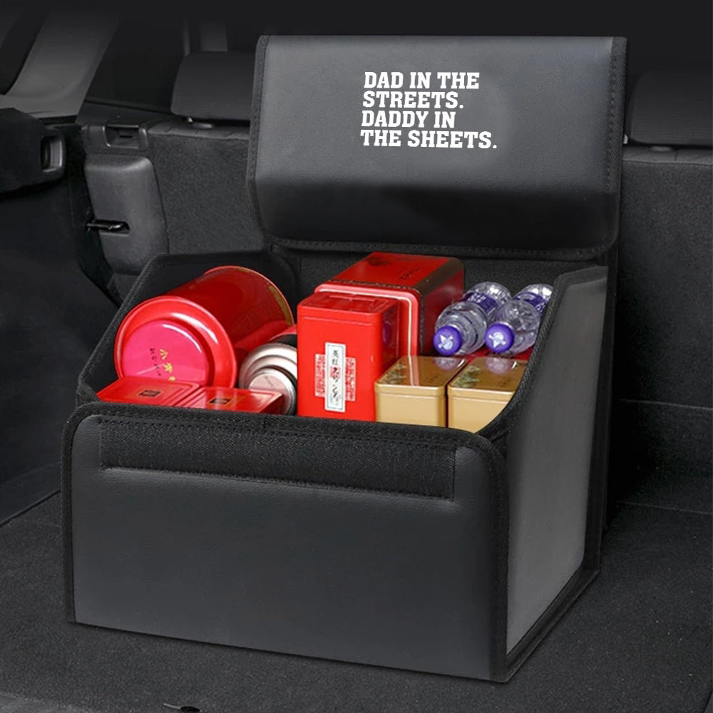 Dad In The Streets. Daddy In The Sheets Foldable Trunk Storage Luggage Organizer Box, Custom-Fit For Car, SUV Trunk Organizer Van Cargo Carrier Caddy for Shopping, Camping Picnic, Home Garage, Gift for Daddy 21 - Delicate Leather
