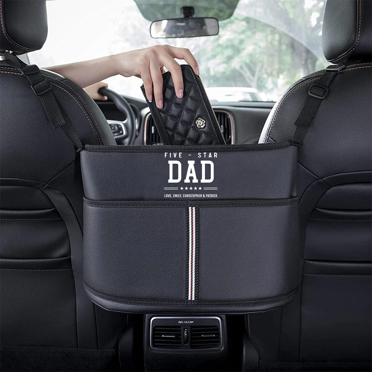 Personalized Car Purse Holder for Car Handbag Holder Between Seats Premium PU Leather, Happy Father's Day, Custom Fit For Your Cars, Auto Driver Or Passenger Accessories Organizer, Hanging Car Purse Storage Pocket Back, Gift for Daddy - Delicate Leather