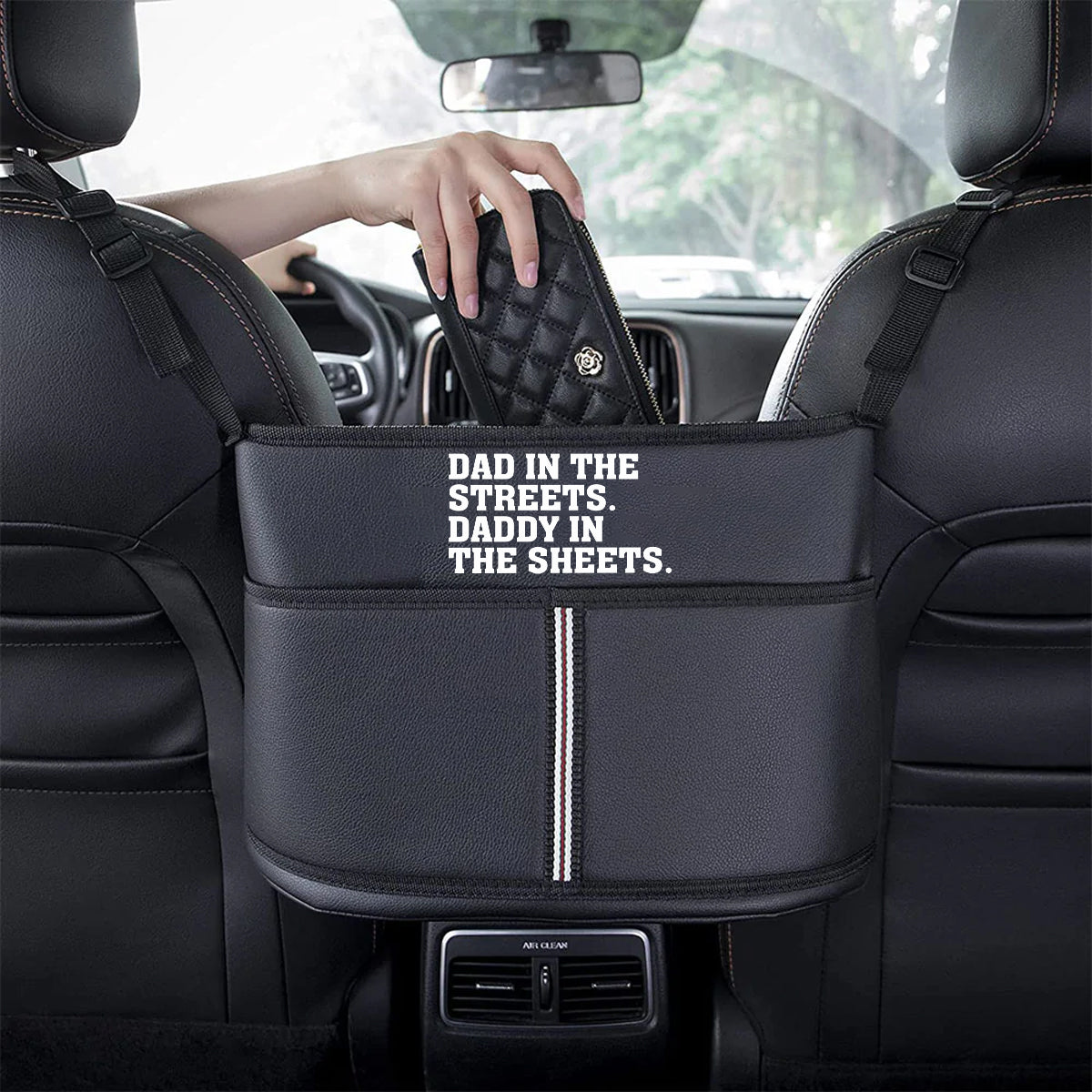 Dad In The Streets. Daddy In The Sheets Car Purse Holder for Car Handbag Holder Between Seats Premium PU Leather, Custom Fit For Your Cars, Auto Driver Or Passenger Accessories Organizer, Hanging Car Purse Storage Pocket Back, Gift for Daddy 21 - Delicate Leather