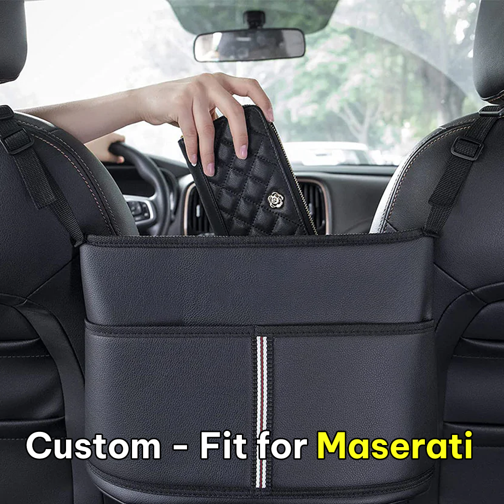 Car Purse Holder for Car Handbag Holder Between Seats Premium PU Leather, Custom Fit For Maserati, Hanging Car Purse Storage Pocket Back Seat Pet Barrier DLMS223 - Delicate Leather