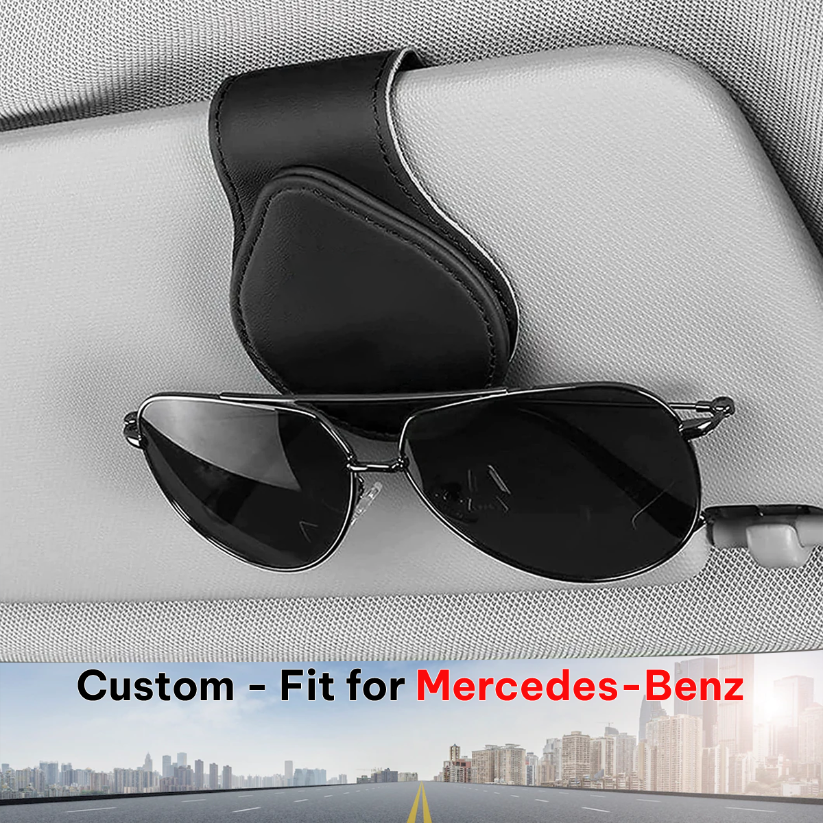 Car Sunglasses Holder, Custom-Fit For Mercedes-Benz, Magnetic Leather Glasses Frame 2024 Update DLMB230 - Delicate Leather