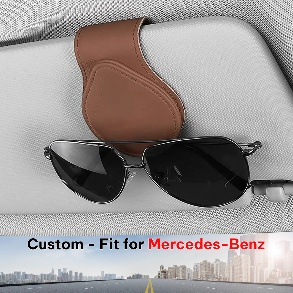 Car Sunglasses Holder, Custom-Fit For Mercedes-Benz, Magnetic Leather Glasses Frame 2024 Update DLMB230 - Delicate Leather