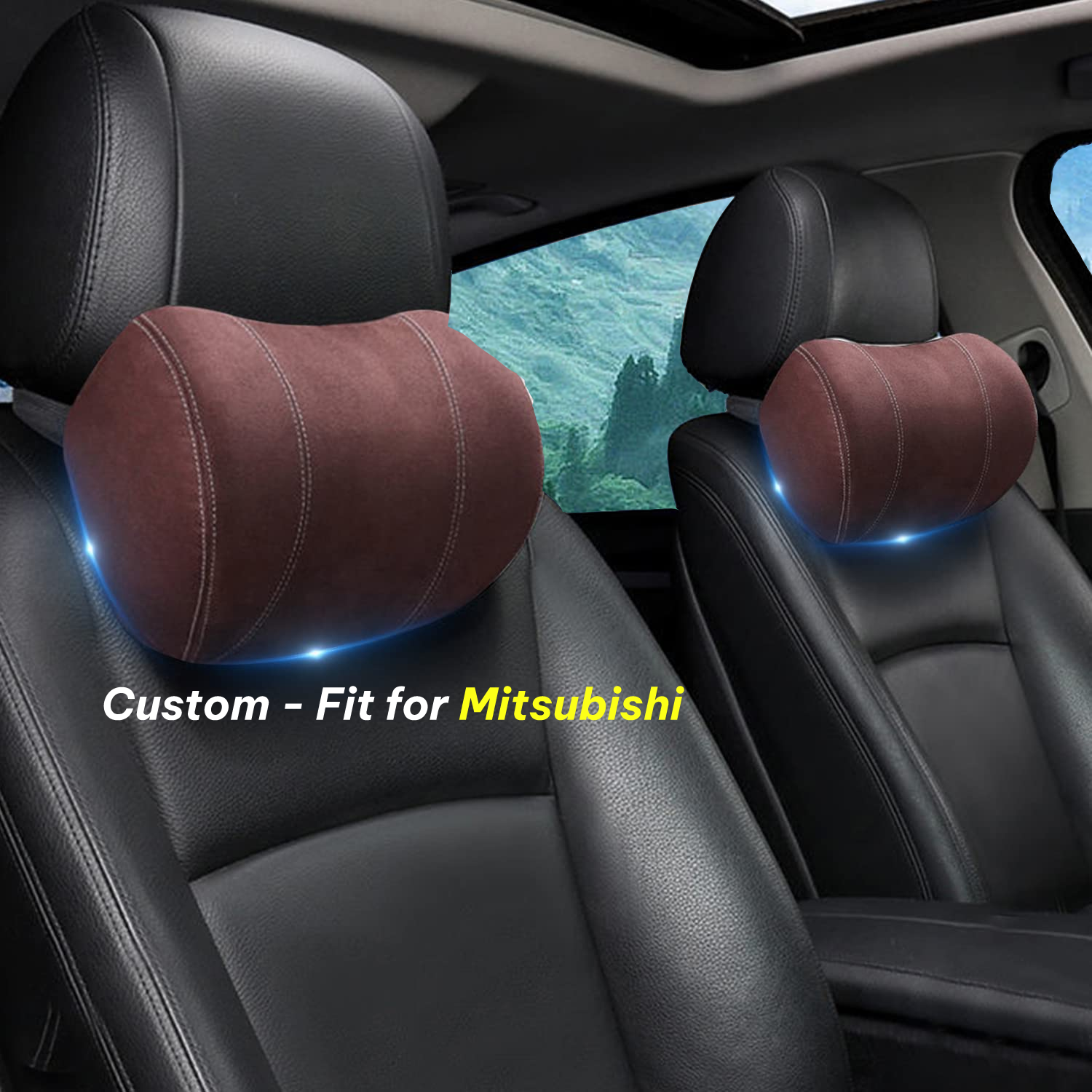 Car Headrest (2 PCS), Custom-Fit For Mitsubishi, Update Version Premium Memory Foam Car Neck Pillow DLNS227 - Delicate Leather
