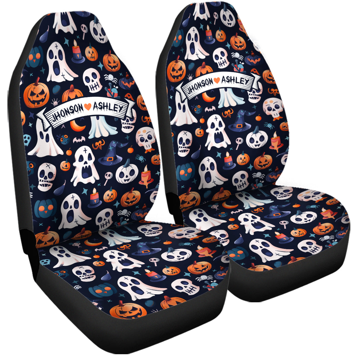 Personalized Happy Halloween Car Seat Covers, Cute Doodle Ghost Custom For Your Cars, Car Bucket Seat Protection Airbag Compatible 2 PCS, Car Accessories, Halloween 13 - Delicate Leather