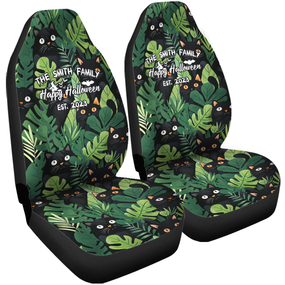 Personalized Halloween Family Sign Car Seat Covers, Happy Halloween Custom For Your Cars, Car Bucket Seat Protection Airbag Compatible 2 PCS, Car Accessories, Halloween 11 - Delicate Leather