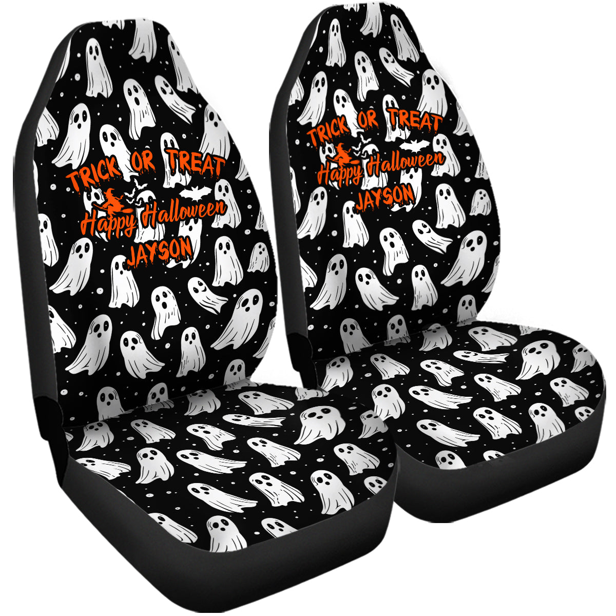 Personalized Happy Halloween Car Seat Covers, Cute Doodle Ghost Custom For Your Cars, Car Bucket Seat Protection Airbag Compatible 2 PCS, Car Accessories, Halloween 07 - Delicate Leather