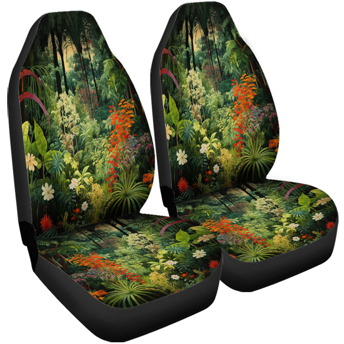 Tropical Rainforest Car Seat Cover Full Set, Forest Botanical Front And Back Seat Covers For Vehicle, Steering Wheel Cover, Car Decor Gift, Tropical Forest 04 - Delicate Leather
