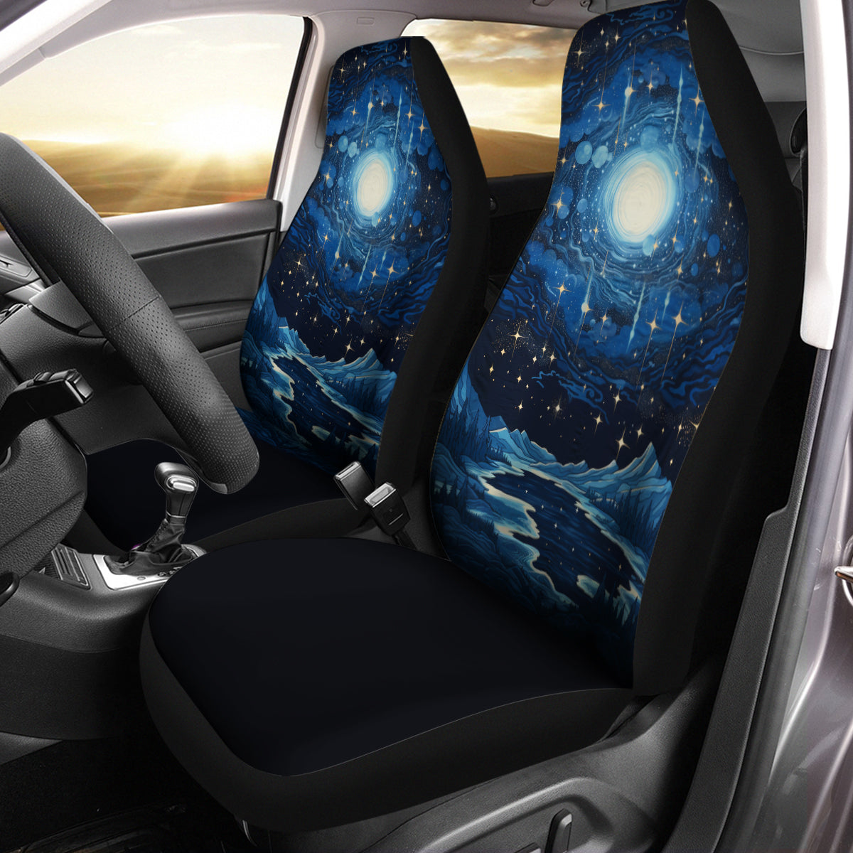 Starry Night Galaxy Car Seat Cover, Custom Made Cover New Car Gifts for Her Car Accessories Front Seat Covers, Moon And Stars 1 - Delicate Leather