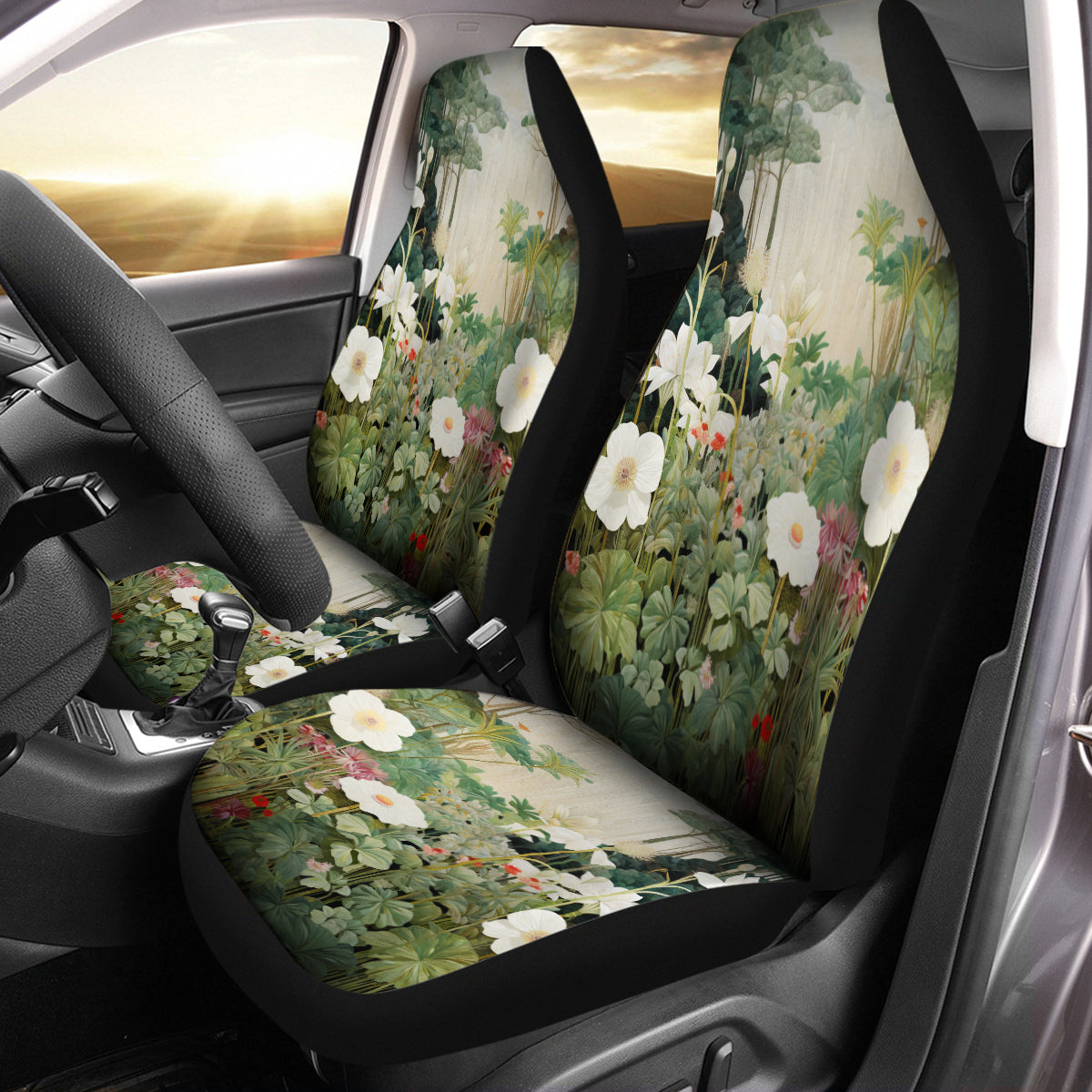 Moody Botanical Art Set Of Two Front Car Seat Covers, Seat Covers For Women, Flower Seat Cover Vehicle, Car Seat Protector, Car Decor Gift, Natural 04 - Delicate Leather