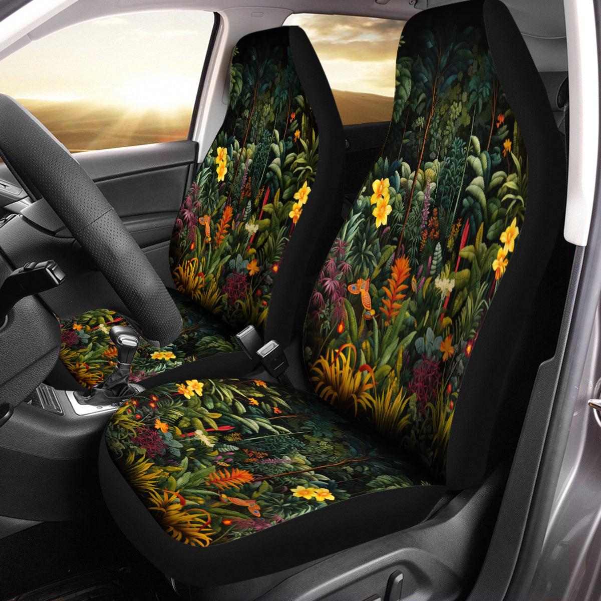 Tropical Rainforest Car Seat Cover Full Set, Forest Botanical Front And Back Seat Covers For Vehicle, Car Decor Gift, Tropical Forest 01 - Delicate Leather
