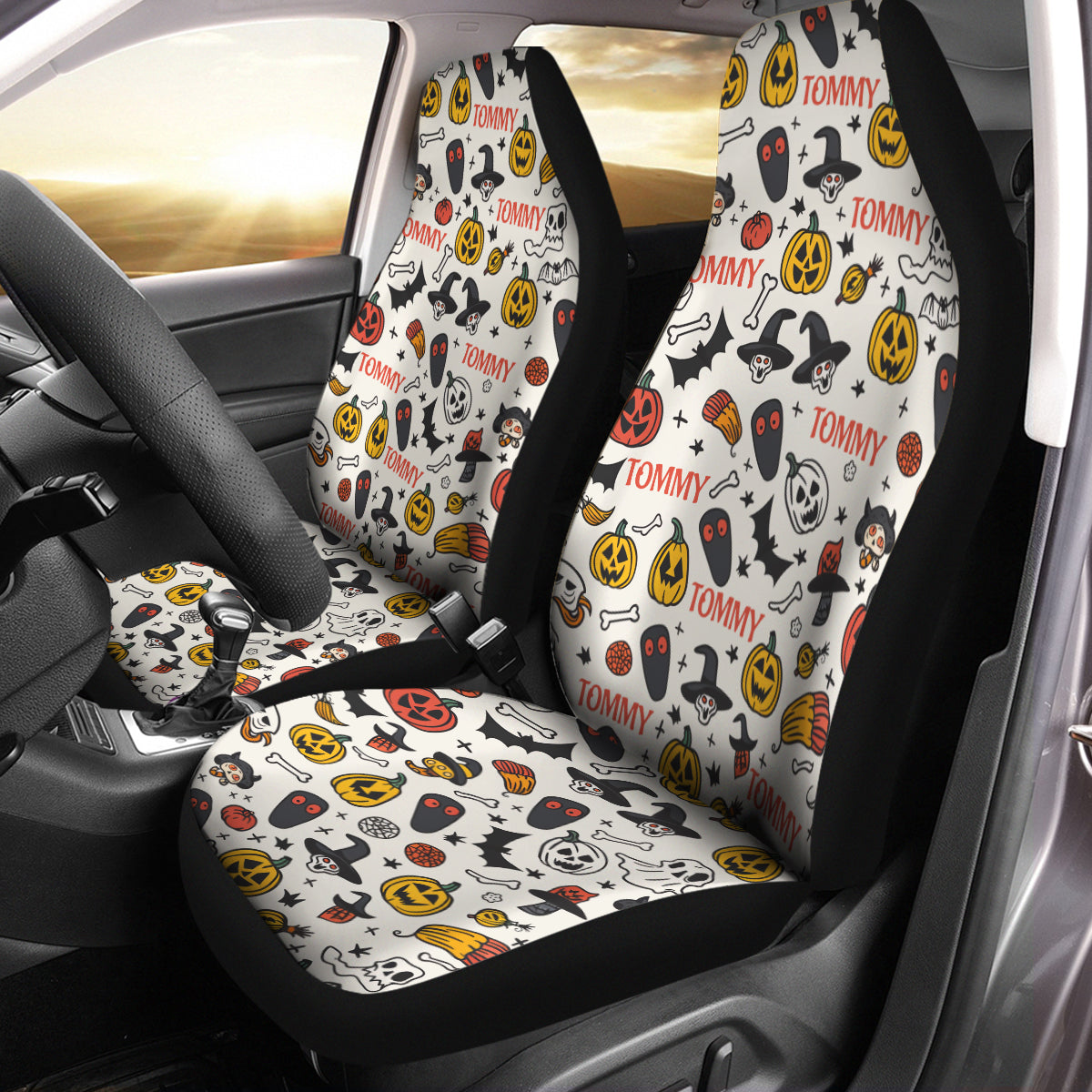 Personalized Happy Halloween Car Seat Covers, Custom For Your Cars, Car Bucket Seat Protection Airbag Compatible 2 PCS, Car Accessories, Halloween 14 - Delicate Leather