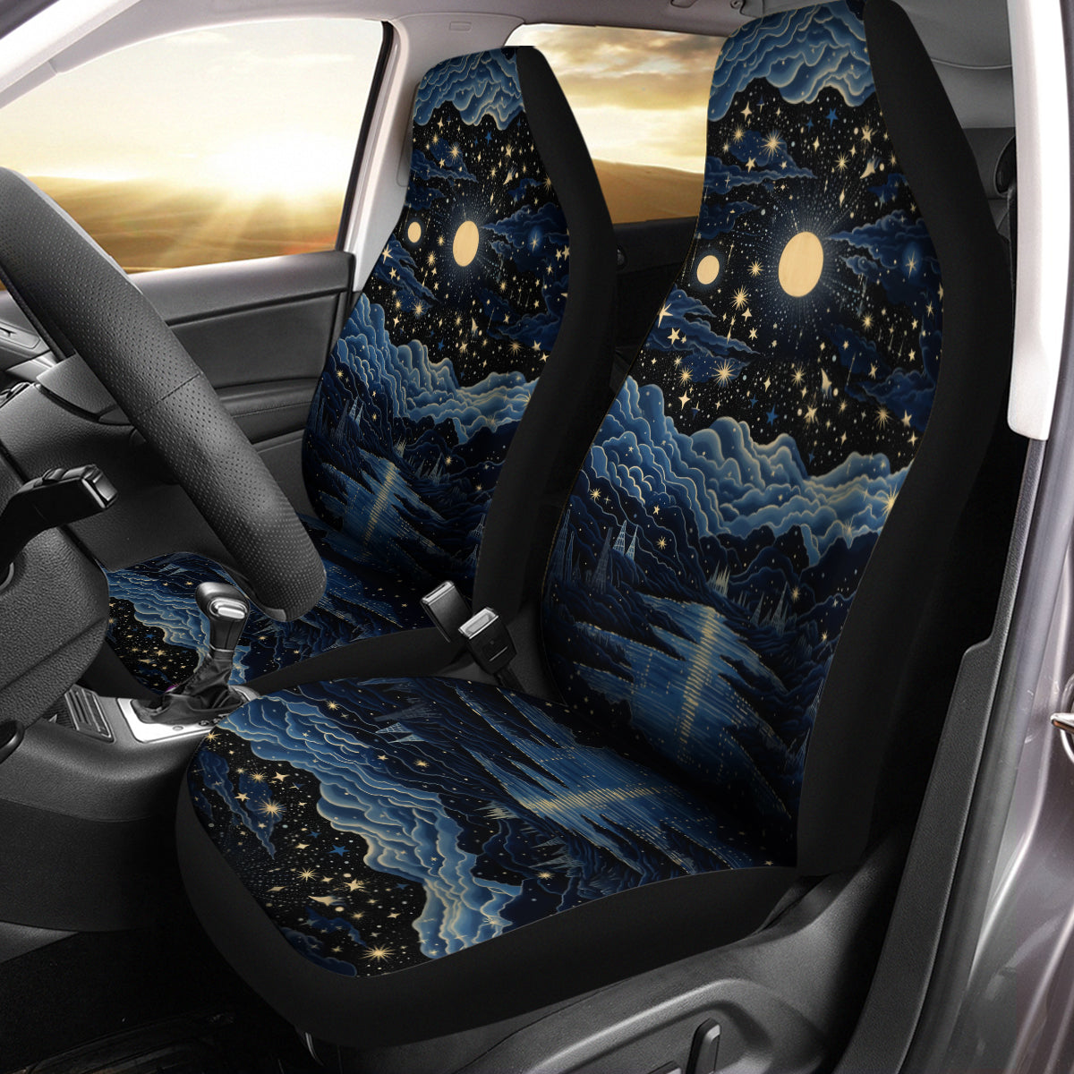Starry Night Galaxy Car Seat Cover, Custom Made Cover New Car Gifts for Her Car Accessories Front Seat Covers, Moon And Stars 2 - Delicate Leather
