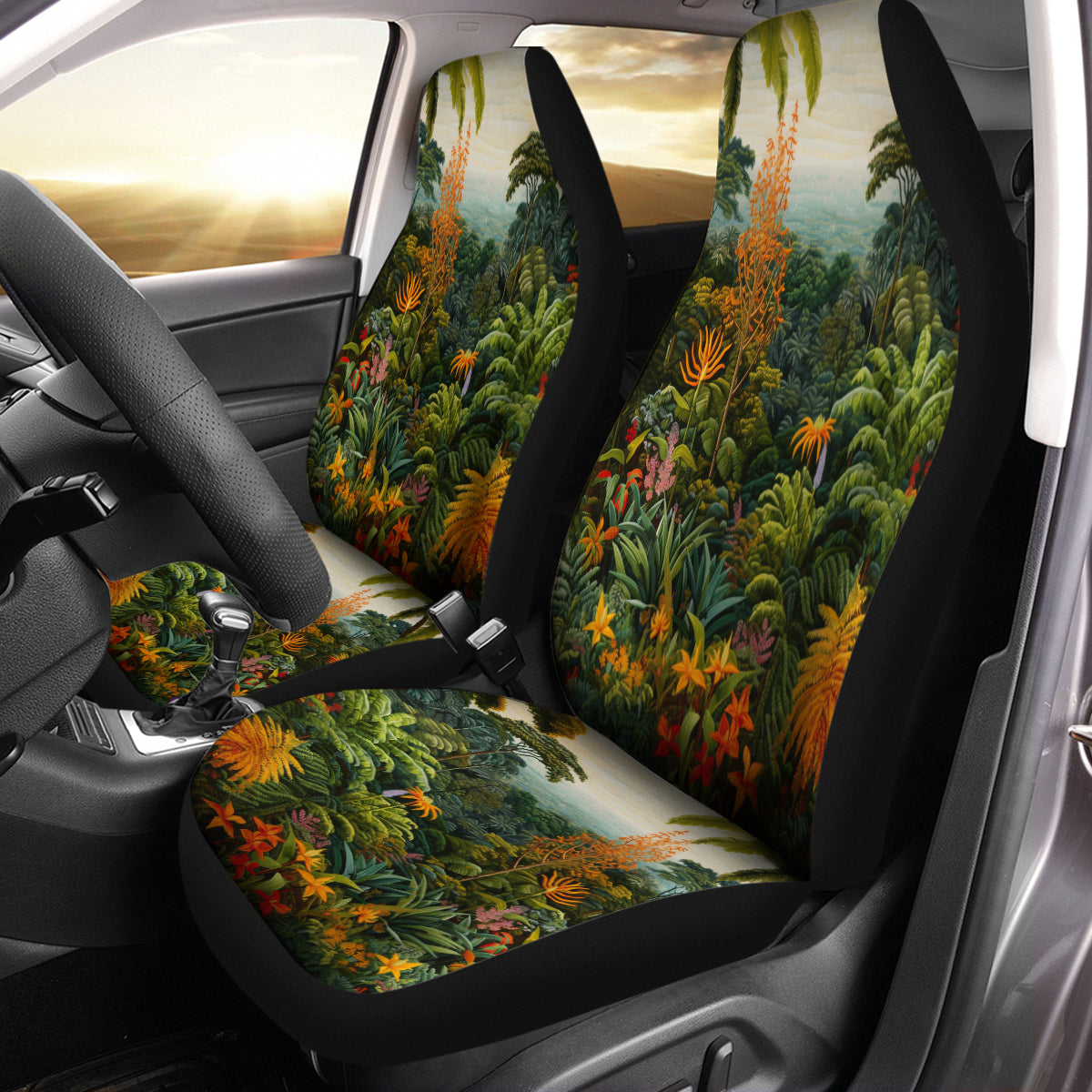 Tropical Rainforest Car Seat Cover Full Set, Forest Botanical Front And Back Seat Covers For Vehicle, Car Decor Gift, Tropical Forest 02 - Delicate Leather
