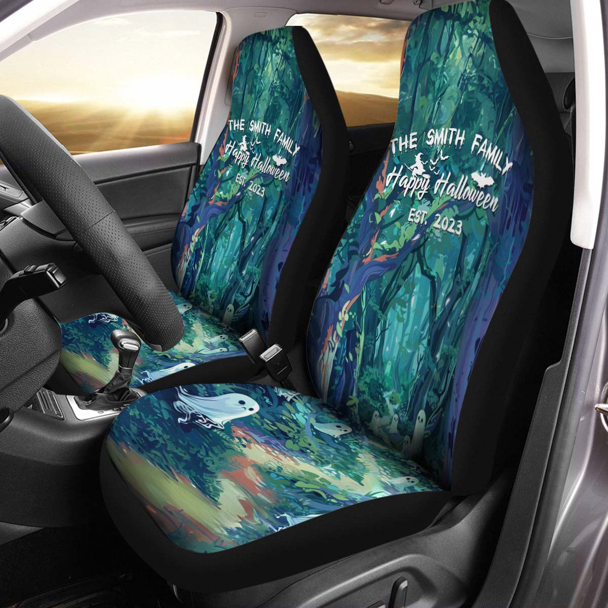 Personalized Halloween Family Sign Car Seat Covers, Happy Halloween Custom For Your Cars, Car Bucket Seat Protection Airbag Compatible 2 PCS, Car Accessories, Halloween 01 - Delicate Leather