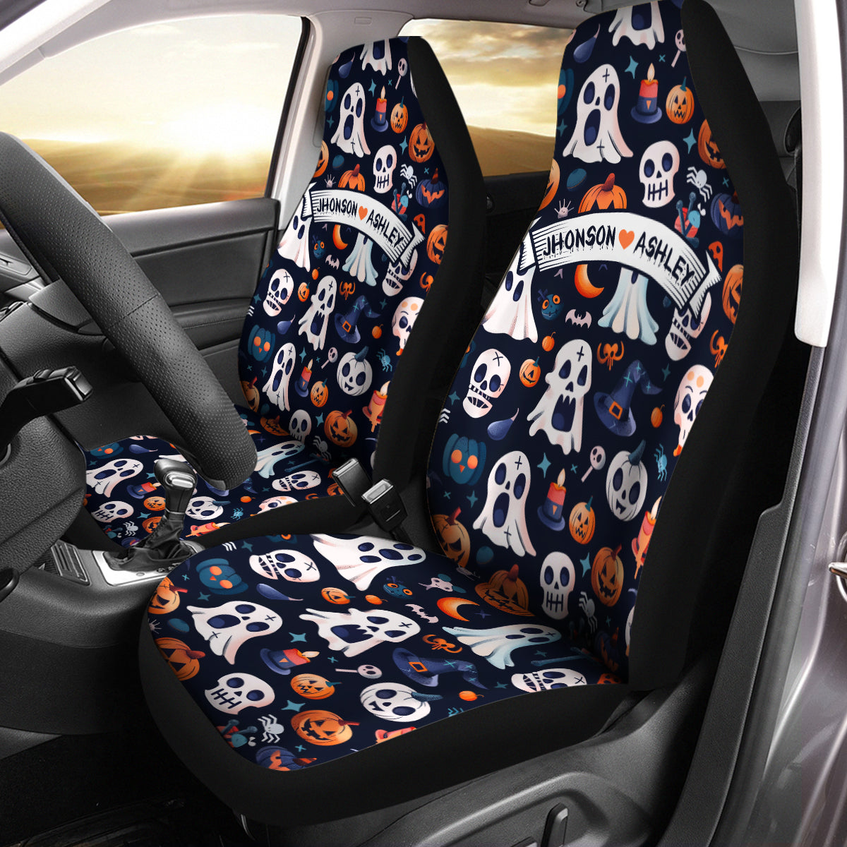 Personalized Happy Halloween Car Seat Covers, Cute Doodle Ghost Custom For Your Cars, Car Bucket Seat Protection Airbag Compatible 2 PCS, Car Accessories, Halloween 13 - Delicate Leather