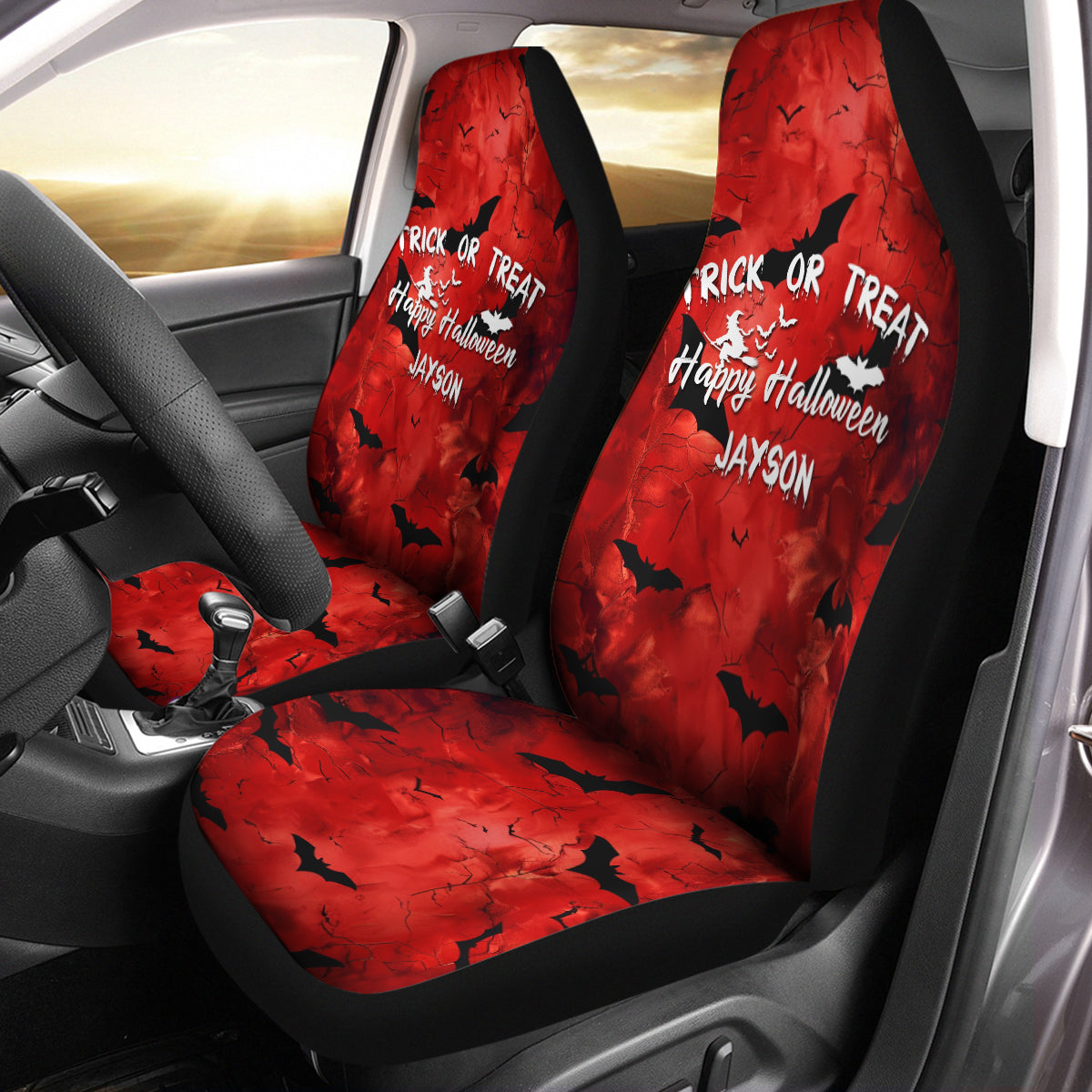 Personalized Happy Halloween Car Seat Covers, Bats Swarm Custom For Your Cars, Car Bucket Seat Protection Airbag Compatible 2 PCS, Car Accessories, Halloween 06 - Delicate Leather