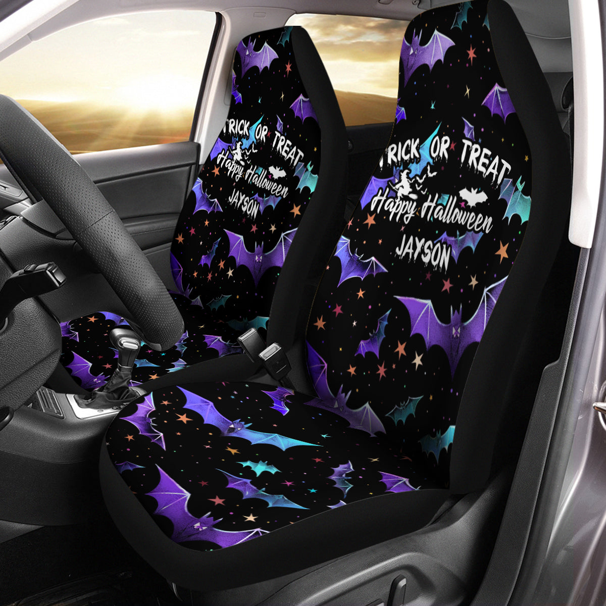Personalized Happy Halloween Car Seat Covers, Trick Or Treat Custom For Your Cars, Car Bucket Seat Protection Airbag Compatible 2 PCS, Car Accessories, Halloween 05 - Delicate Leather