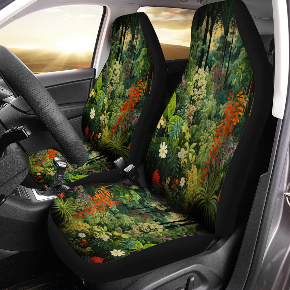 Tropical Rainforest Car Seat Cover Full Set, Forest Botanical Front And Back Seat Covers For Vehicle, Steering Wheel Cover, Car Decor Gift, Tropical Forest 04 - Delicate Leather