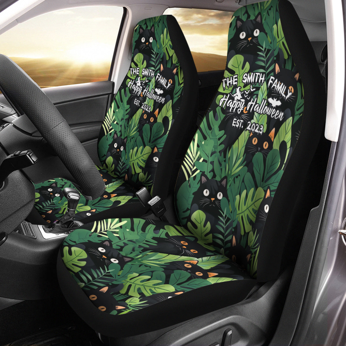 Personalized Halloween Family Sign Car Seat Covers, Happy Halloween Custom For Your Cars, Car Bucket Seat Protection Airbag Compatible 2 PCS, Car Accessories, Halloween 11 - Delicate Leather