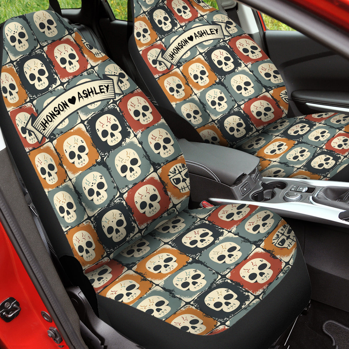 Personalized Happy Halloween Car Seat Covers, Cute Doodle Skill Custom For Your Cars, Car Bucket Seat Protection Airbag Compatible 2 PCS, Car Accessories, Halloween 08 - Delicate Leather