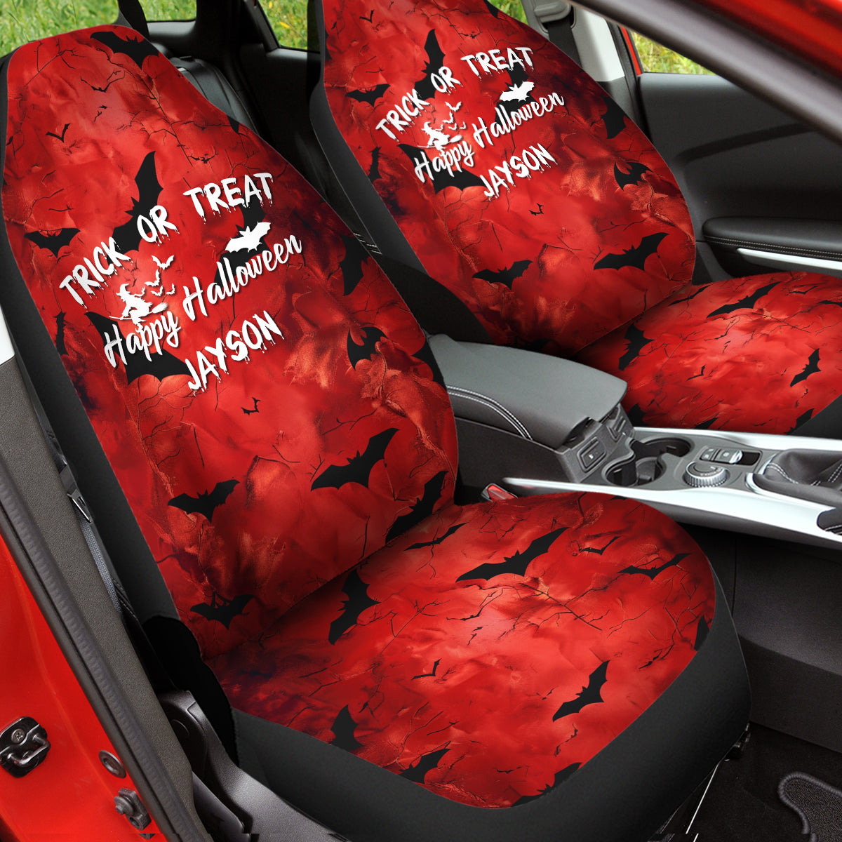 Personalized Happy Halloween Car Seat Covers, Bats Swarm Custom For Your Cars, Car Bucket Seat Protection Airbag Compatible 2 PCS, Car Accessories, Halloween 06 - Delicate Leather