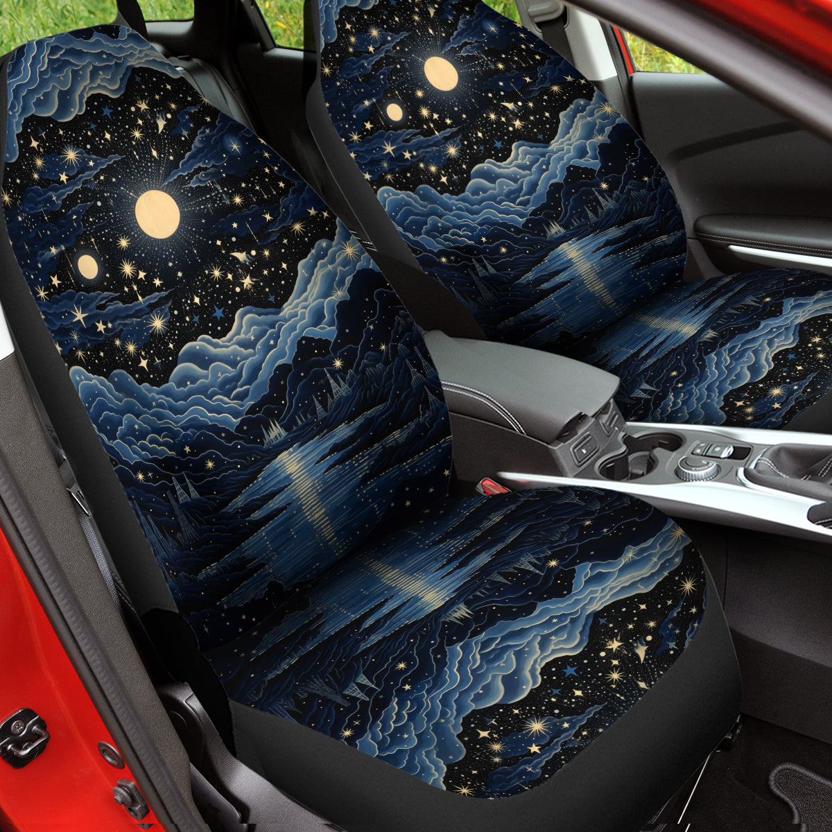 Starry Night Galaxy Car Seat Cover, Custom Made Cover New Car Gifts for Her Car Accessories Front Seat Covers, Moon And Stars 2 - Delicate Leather