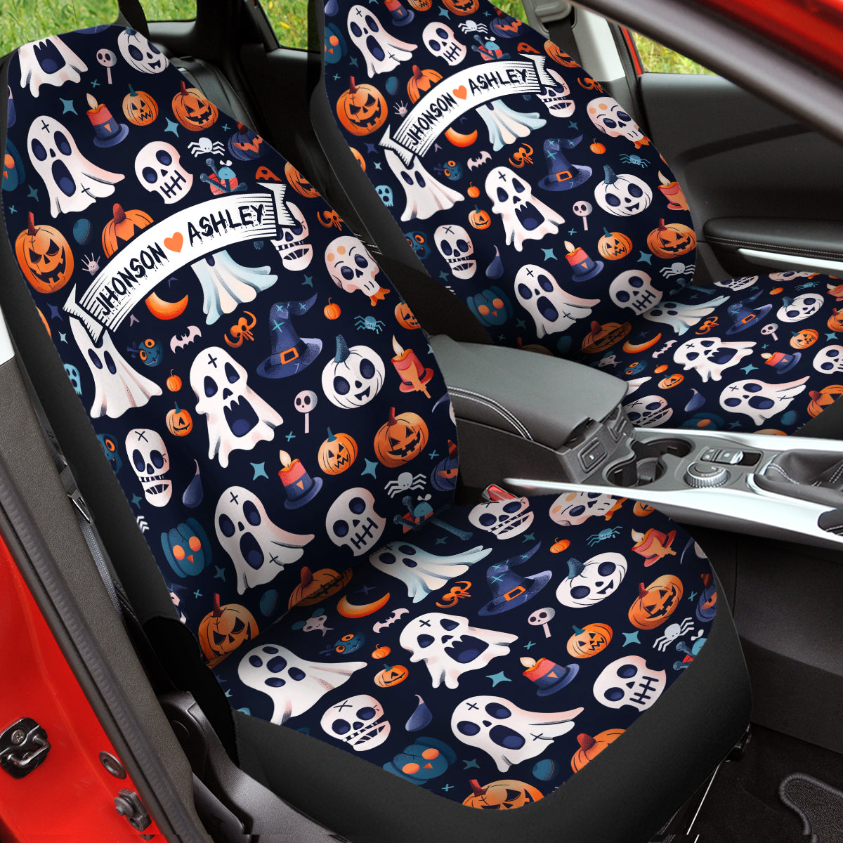 Personalized Happy Halloween Car Seat Covers, Cute Doodle Ghost Custom For Your Cars, Car Bucket Seat Protection Airbag Compatible 2 PCS, Car Accessories, Halloween 13 - Delicate Leather