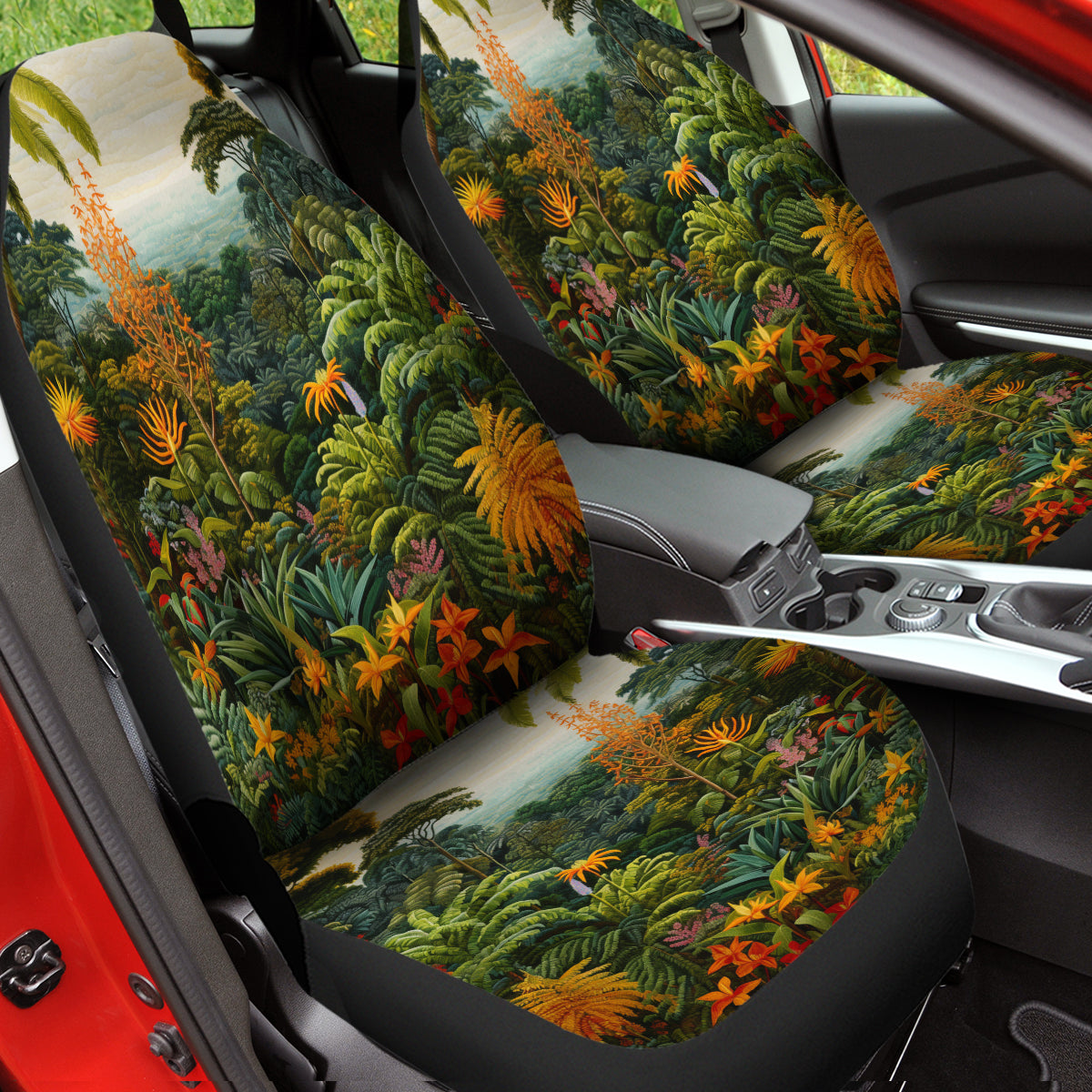 Tropical Rainforest Car Seat Cover Full Set, Forest Botanical Front And Back Seat Covers For Vehicle, Car Decor Gift, Tropical Forest 02 - Delicate Leather
