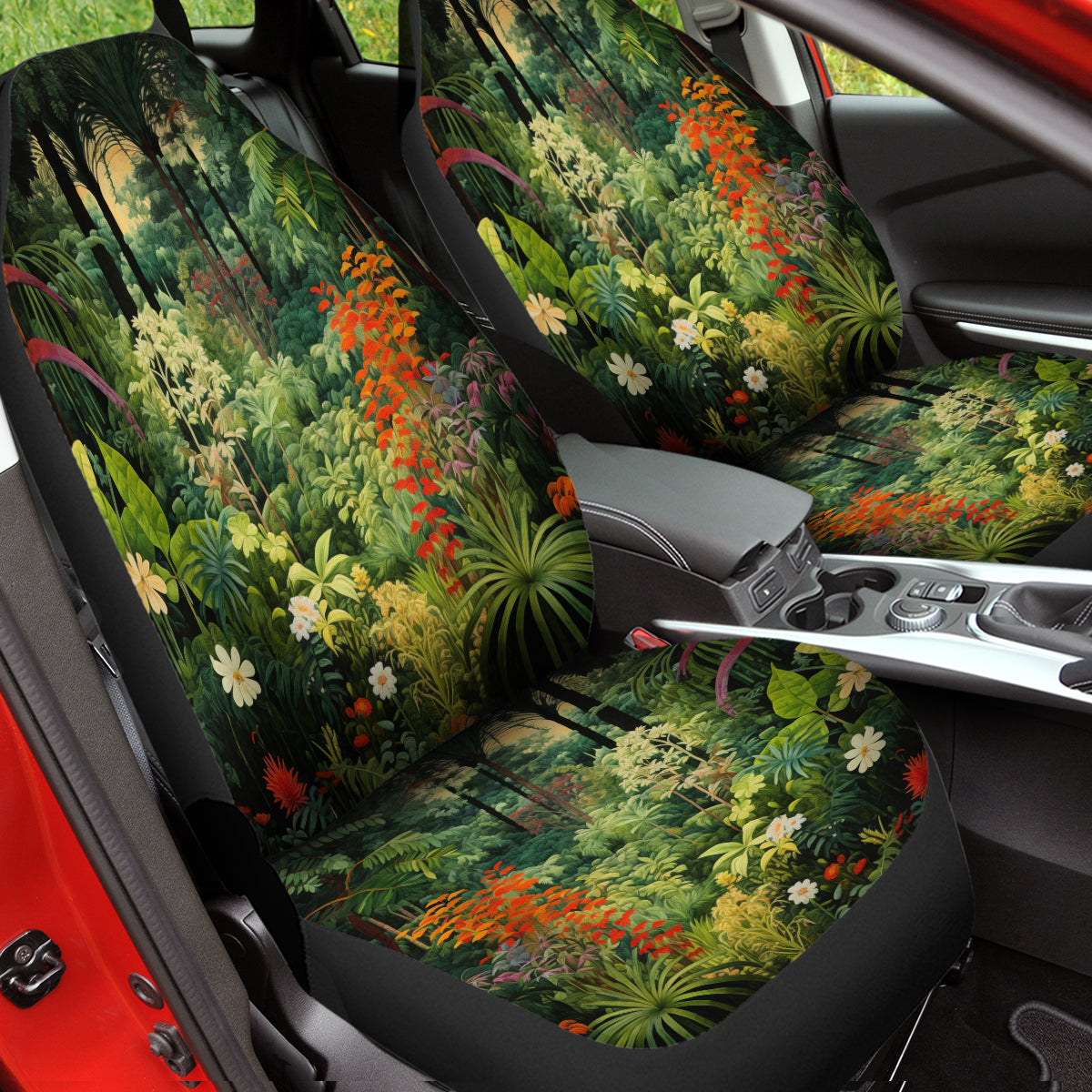 Tropical Rainforest Car Seat Cover Full Set, Forest Botanical Front And Back Seat Covers For Vehicle, Steering Wheel Cover, Car Decor Gift, Tropical Forest 04 - Delicate Leather