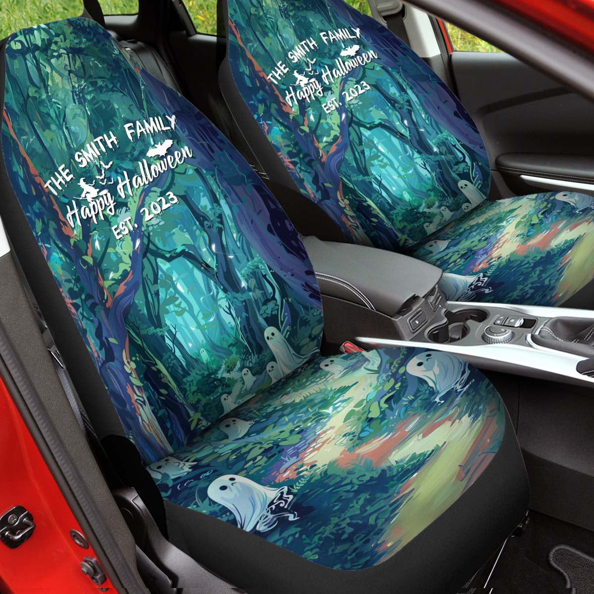 Personalized Halloween Family Sign Car Seat Covers, Happy Halloween Custom For Your Cars, Car Bucket Seat Protection Airbag Compatible 2 PCS, Car Accessories, Halloween 01 - Delicate Leather