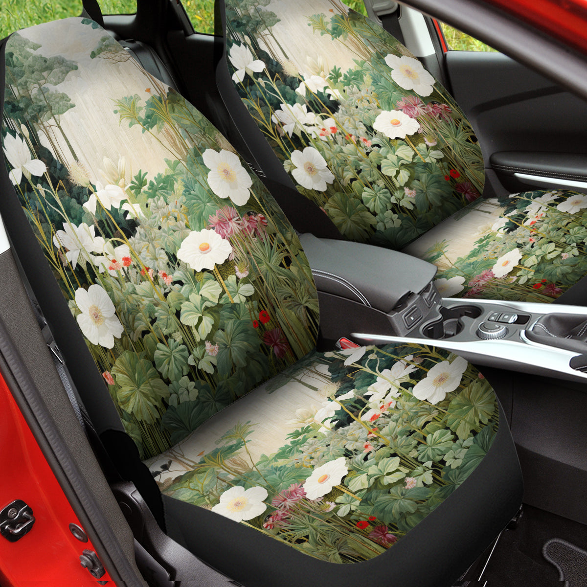 Moody Botanical Art Set Of Two Front Car Seat Covers, Seat Covers For Women, Flower Seat Cover Vehicle, Car Seat Protector, Car Decor Gift, Natural 04 - Delicate Leather