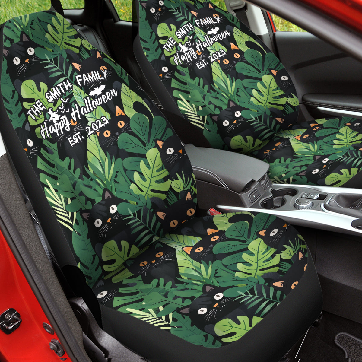 Personalized Halloween Family Sign Car Seat Covers, Happy Halloween Custom For Your Cars, Car Bucket Seat Protection Airbag Compatible 2 PCS, Car Accessories, Halloween 11 - Delicate Leather