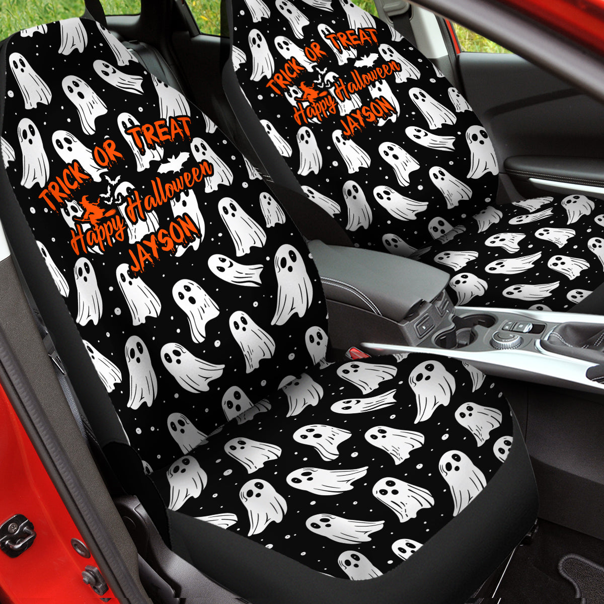 Personalized Happy Halloween Car Seat Covers, Cute Doodle Ghost Custom For Your Cars, Car Bucket Seat Protection Airbag Compatible 2 PCS, Car Accessories, Halloween 07 - Delicate Leather