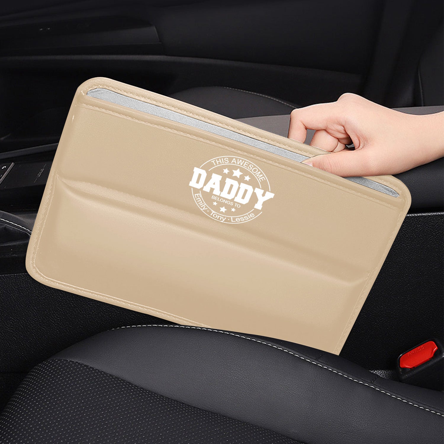 Personalized Car Seat Gap Filler Organizer, Happy Father's Day, Custom FIt For Your Cars, Multifunctional PU Leather Console Side Pocket Organizer for Cellphones, Cards, Wallets, Keys, Gift for Daddy - Delicate Leather