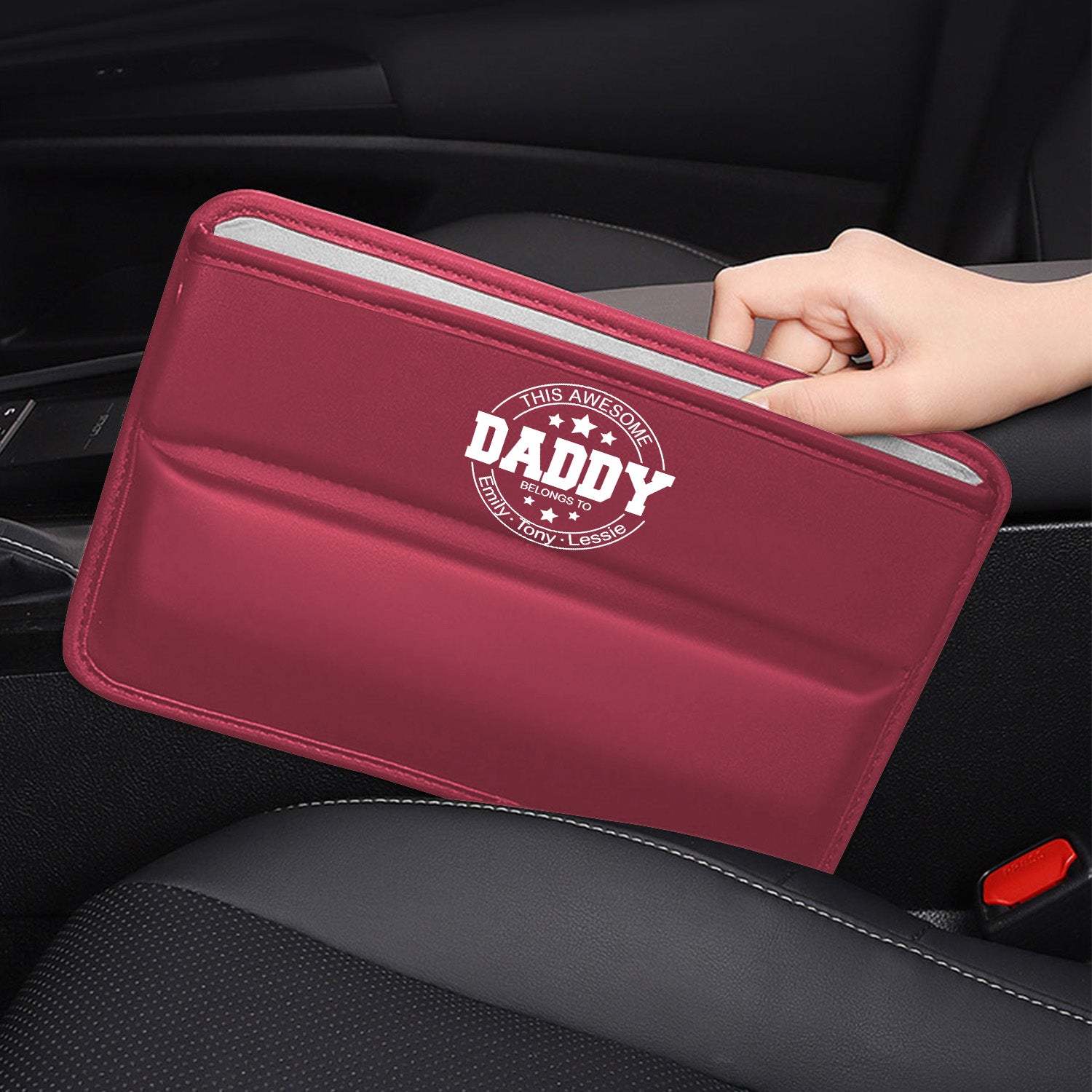 Personalized Car Seat Gap Filler Organizer, Happy Father's Day, Custom FIt For Your Cars, Multifunctional PU Leather Console Side Pocket Organizer for Cellphones, Cards, Wallets, Keys, Gift for Daddy - Delicate Leather