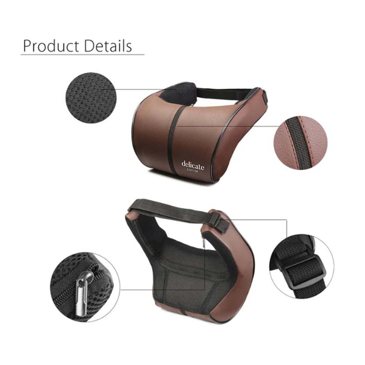 Delicate Leather, Premium PU Leather Car Neck Pillow with Memory Foam for Neck Support - Available in 3 Elegant Colors - Delicate Leather