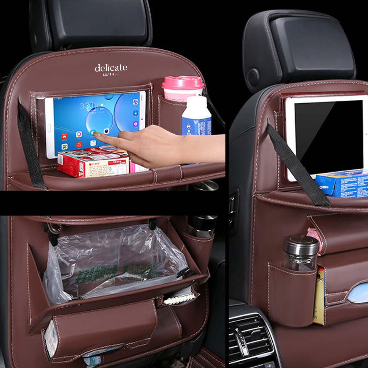 Backseat Organizer With Tablet Holder PU Leather, Custom Fit For Your Cars, Backseat Car Organizer, Car Seat Back Protectors Kick With Foldable Table Tray Car Seat Organizer, Car Accessories CA15987 - Delicate Leather