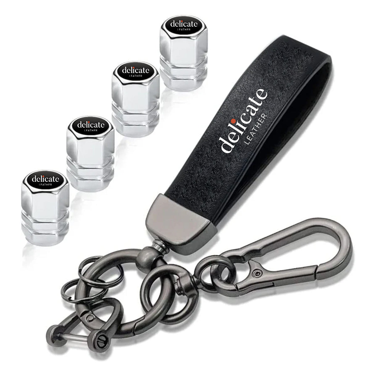 4PCS Car Valve Stem Caps and Genuine Leather Keychain for Car Key Chain Driver Gift, Black - Delicate Leather