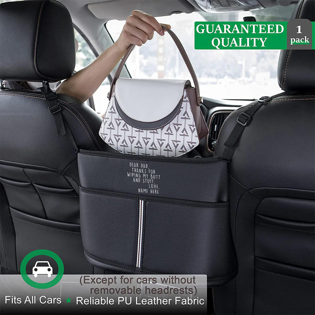 Personalized Car Purse Holder for Car Handbag Holder Between Seats Premium PU Leather, Happy Father's Day, Custom Fit For Your Cars, Auto Driver Or Passenger Accessories Organizer, Hanging Car Purse Storage Pocket Back, Gift for Daddy - Delicate Leather