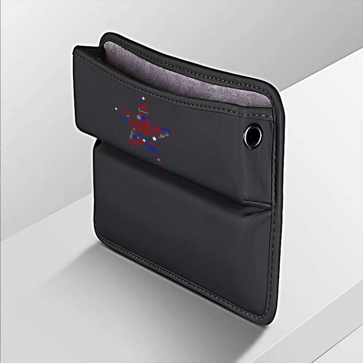 Fourth of July Car Seat Gap Filler Organizer, Custom-Fit For Car, Multifunctional PU Leather Console Side Pocket Organizer for Cellphones, Cards, Wallets, Keys, American Flag Star 07 - Delicate Leather