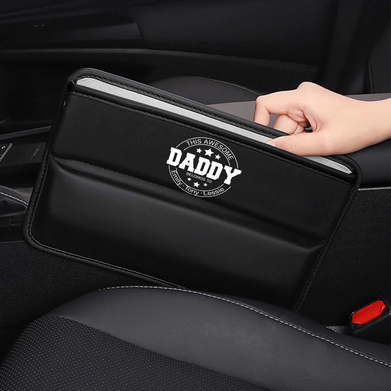 Personalized Car Seat Gap Filler Organizer, Happy Father's Day, Custom FIt For Your Cars, Multifunctional PU Leather Console Side Pocket Organizer for Cellphones, Cards, Wallets, Keys, Gift for Daddy - Delicate Leather