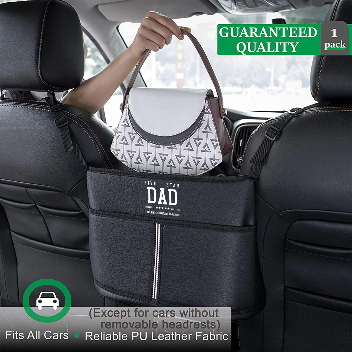 Personalized Car Purse Holder for Car Handbag Holder Between Seats Premium PU Leather, Happy Father's Day, Custom Fit For Your Cars, Auto Driver Or Passenger Accessories Organizer, Hanging Car Purse Storage Pocket Back, Gift for Daddy - Delicate Leather