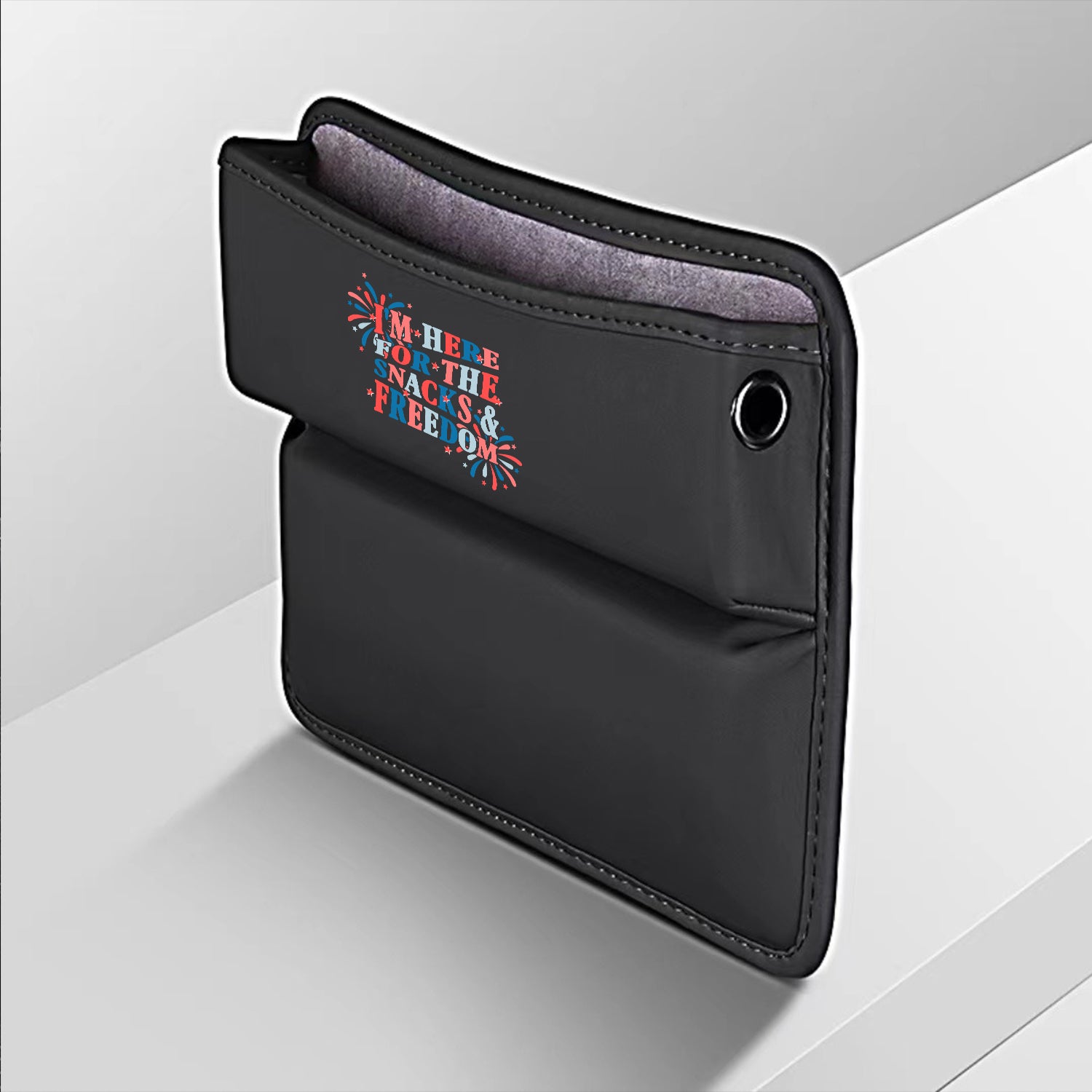 I'm Here for The Snacks and Freedom Car Seat Gap Filler Organizer, Custom For All Cars, Multifunctional Pu Leather Console Side Pocket Organizer For Cellphones, Cards, Wallets, Keys, Retro 4th of July 01