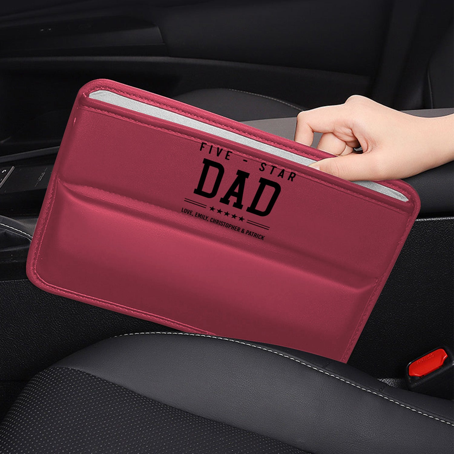 Personalized Car Seat Gap Filler Organizer, Happy Father's Day, Custom FIt For Your Cars, Multifunctional PU Leather Console Side Pocket Organizer for Cellphones, Cards, Wallets, Keys, Gift for Daddy - Delicate Leather