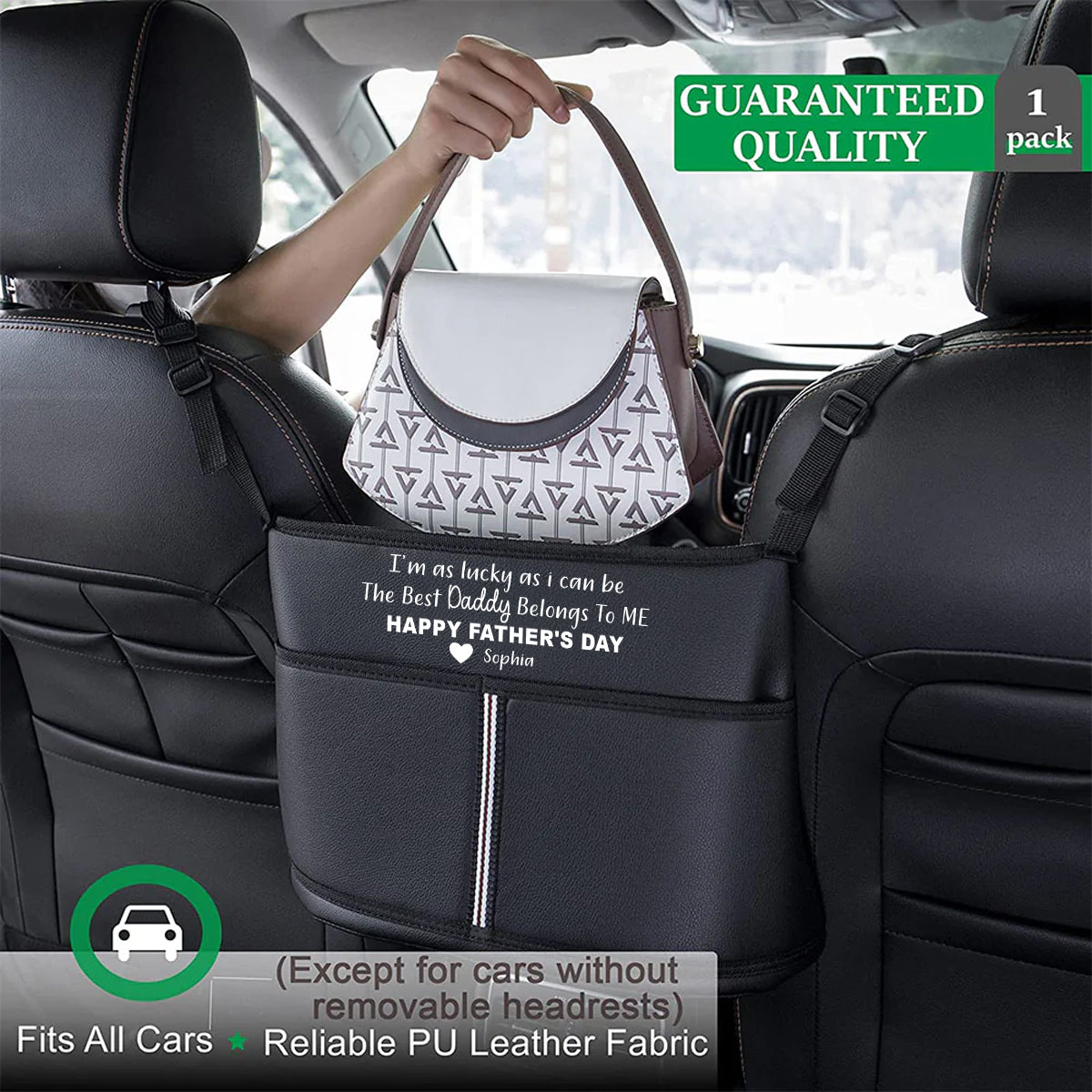 Personalized Car Purse Holder for Car Handbag Holder Between Seats Premium PU Leather, Happy Father's Day, Custom Fit For Your Cars, Auto Driver Or Passenger Accessories Organizer, Hanging Car Purse Storage Pocket Back, Gift for Daddy - Delicate Leather
