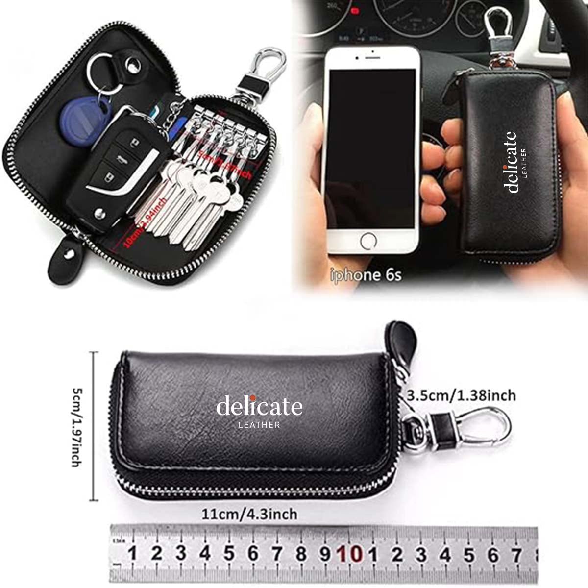 Delicate Leather Gender-Neutral Luxury Leather Key Holder Wallet with 6 Hooks and Zipper Closure for Car Keys - Delicate Leather