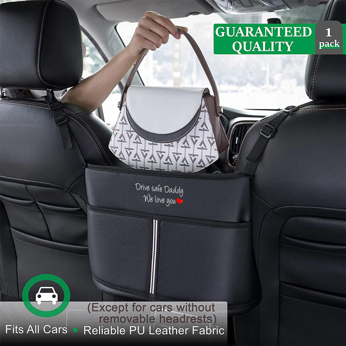Drive Safe Daddy Car Purse Holder for Car Handbag Holder Between Seats Premium PU Leather, Custom Fit For Your Cars, Auto Driver Or Passenger Accessories Organizer, Hanging Car Purse Storage Pocket Back, Gift for Daddy 16 - Delicate Leather