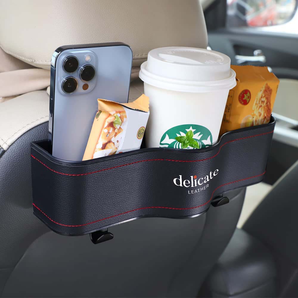 Car Headrest Backseat Organizer with Cup Holders, Custom For Your Cars, Seat Back Organizer Perfect for Eating in Your Car, Back Seat Organizer for Kids, Car Food Table or Sauce Holder, Car Accessories JG11994 - Delicate Leather