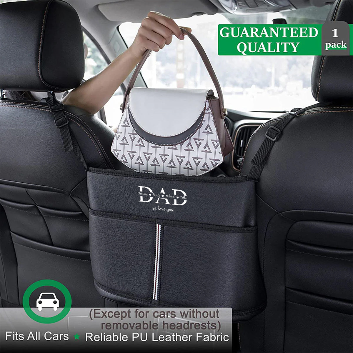 Personalized Car Purse Holder for Car Handbag Holder Between Seats Premium PU Leather, Happy Father's Day, Custom Fit For Your Cars, Auto Driver Or Passenger Accessories Organizer, Hanging Car Purse Storage Pocket Back, Gift for Daddy - Delicate Leather